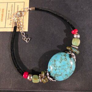 Turquoise & Coral Stone Bracelet with Black Velvet Silver Tone Accents Style N